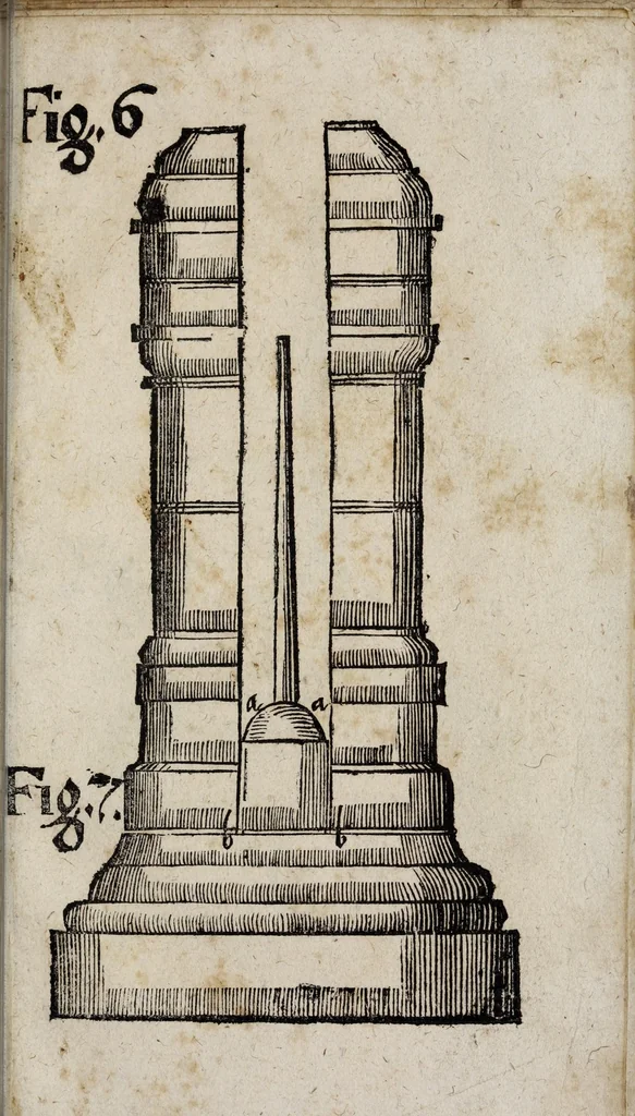 An illustration from Lust- Lufft- und FeuerKunst : auss welcher ohne sondern Costen und Mühe zuerlangen, wie man schwürmer, gross- und kleine Ragetten, Pumpen und Maseulen Stöcke : sambt denen beygefügten allerhand materien, und ihren zusammen gesetzten ordenlichen Dosen, Gewichten und Massen : wie solches alles punctualiter auss denen beygefügten und vorgedruckten 38 Figuren zuersehen und zu erlernen ..., 1680, leaf 91