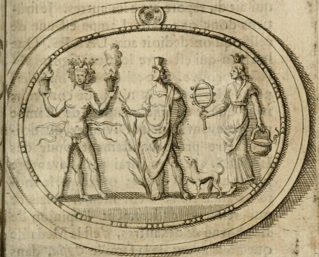 An illustration from L'utilité des voyages : qui concernent la connoissance des médailles, inscriptions, statues, dieux lares, peintures anciennes, et les bas reliefs, pierres precieuses et gravées, cachets, talismans, anneaux, manuscrits, langues, & autres choses remarquables, et l'avantage que la recherche de toutes ces antiquitez procure aux sçavans, avec un memoire de quelques observations generales qu'on peut faire pour ne pas voyager inutilement, 1693, leaf 188