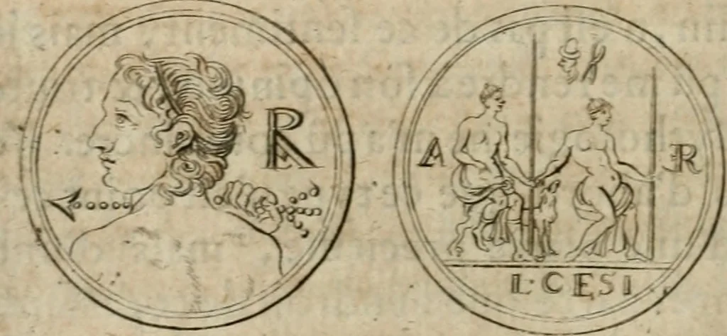 An illustration from L'utilité des voyages : qui concernent la connoissance des médailles, inscriptions, statues, dieux lares, peintures anciennes, et les bas reliefs, pierres precieuses et gravées, cachets, talismans, anneaux, manuscrits, langues, & autres choses remarquables, et l'avantage que la recherche de toutes ces antiquitez procure aux sçavans, avec un memoire de quelques observations generales qu'on peut faire pour ne pas voyager inutilement, 1693, leaf 189