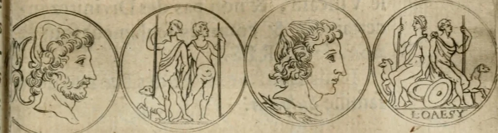 An illustration from L'utilité des voyages : qui concernent la connoissance des médailles, inscriptions, statues, dieux lares, peintures anciennes, et les bas reliefs, pierres precieuses et gravées, cachets, talismans, anneaux, manuscrits, langues, & autres choses remarquables, et l'avantage que la recherche de toutes ces antiquitez procure aux sçavans, avec un memoire de quelques observations generales qu'on peut faire pour ne pas voyager inutilement, 1693, leaf 194
