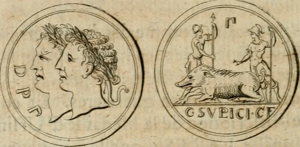 An illustration from L'utilité des voyages : qui concernent la connoissance des médailles, inscriptions, statues, dieux lares, peintures anciennes, et les bas reliefs, pierres precieuses et gravées, cachets, talismans, anneaux, manuscrits, langues, & autres choses remarquables, et l'avantage que la recherche de toutes ces antiquitez procure aux sçavans, avec un memoire de quelques observations generales qu'on peut faire pour ne pas voyager inutilement, 1693, leaf 195
