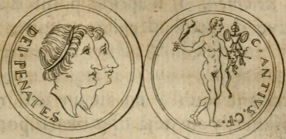 An illustration from L'utilité des voyages : qui concernent la connoissance des médailles, inscriptions, statues, dieux lares, peintures anciennes, et les bas reliefs, pierres precieuses et gravées, cachets, talismans, anneaux, manuscrits, langues, & autres choses remarquables, et l'avantage que la recherche de toutes ces antiquitez procure aux sçavans, avec un memoire de quelques observations generales qu'on peut faire pour ne pas voyager inutilement, 1693, leaf 196