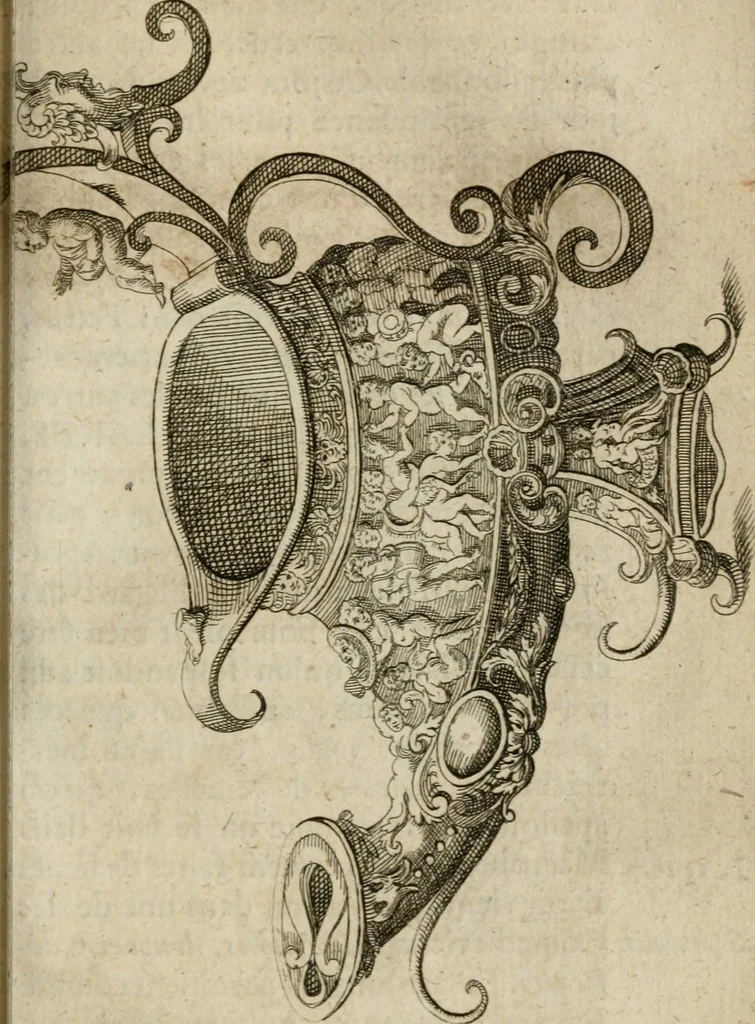 An illustration from L'utilité des voyages : qui concernent la connoissance des médailles, inscriptions, statues, dieux lares, peintures anciennes, et les bas reliefs, pierres precieuses et gravées, cachets, talismans, anneaux, manuscrits, langues, & autres choses remarquables, et l'avantage que la recherche de toutes ces antiquitez procure aux sçavans, avec un memoire de quelques observations generales qu'on peut faire pour ne pas voyager inutilement, 1693, leaf 212