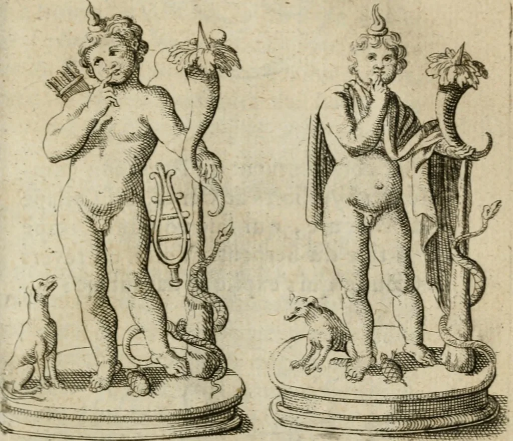 An illustration from L'utilité des voyages : qui concernent la connoissance des médailles, inscriptions, statues, dieux lares, peintures anciennes, et les bas reliefs, pierres precieuses et gravées, cachets, talismans, anneaux, manuscrits, langues, & autres choses remarquables, et l'avantage que la recherche de toutes ces antiquitez procure aux sçavans, avec un memoire de quelques observations generales qu'on peut faire pour ne pas voyager inutilement, 1693, leaf 218