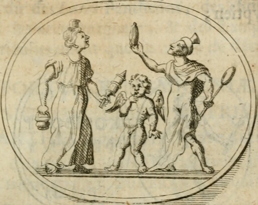 An illustration from L'utilité des voyages : qui concernent la connoissance des médailles, inscriptions, statues, dieux lares, peintures anciennes, et les bas reliefs, pierres precieuses et gravées, cachets, talismans, anneaux, manuscrits, langues, & autres choses remarquables, et l'avantage que la recherche de toutes ces antiquitez procure aux sçavans, avec un memoire de quelques observations generales qu'on peut faire pour ne pas voyager inutilement, 1693, leaf 240