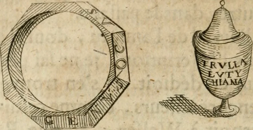 An illustration from L'utilité des voyages : qui concernent la connoissance des médailles, inscriptions, statues, dieux lares, peintures anciennes, et les bas reliefs, pierres precieuses et gravées, cachets, talismans, anneaux, manuscrits, langues, & autres choses remarquables, et l'avantage que la recherche de toutes ces antiquitez procure aux sçavans, avec un memoire de quelques observations generales qu'on peut faire pour ne pas voyager inutilement, 1693, leaf 247