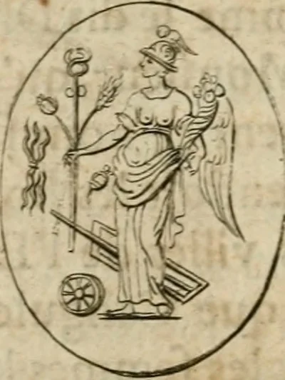 An illustration from L'utilité des voyages : qui concernent la connoissance des médailles, inscriptions, statues, dieux lares, peintures anciennes, et les bas reliefs, pierres precieuses et gravées, cachets, talismans, anneaux, manuscrits, langues, & autres choses remarquables, et l'avantage que la recherche de toutes ces antiquitez procure aux sçavans, avec un memoire de quelques observations generales qu'on peut faire pour ne pas voyager inutilement, 1693, leaf 255