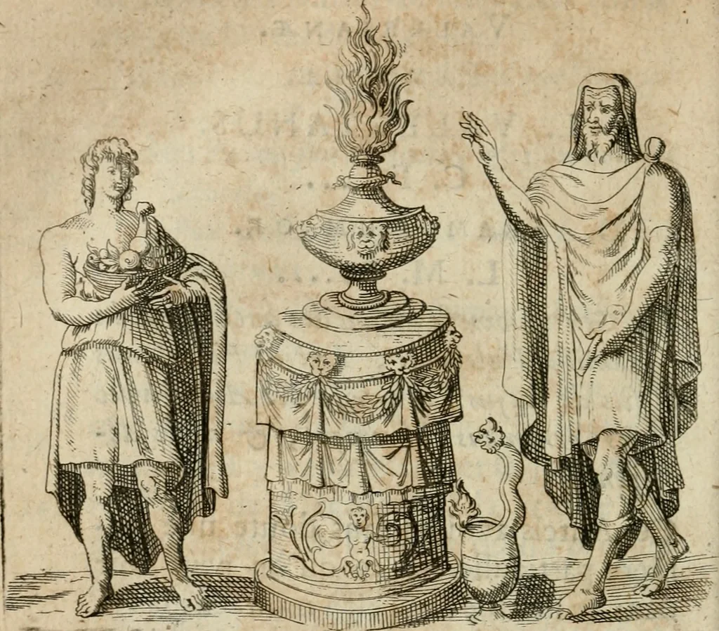 An illustration from L'utilité des voyages : qui concernent la connoissance des médailles, inscriptions, statues, dieux lares, peintures anciennes, et les bas reliefs, pierres precieuses et gravées, cachets, talismans, anneaux, manuscrits, langues, & autres choses remarquables, et l'avantage que la recherche de toutes ces antiquitez procure aux sçavans, avec un memoire de quelques observations generales qu'on peut faire pour ne pas voyager inutilement, 1693, leaf 291