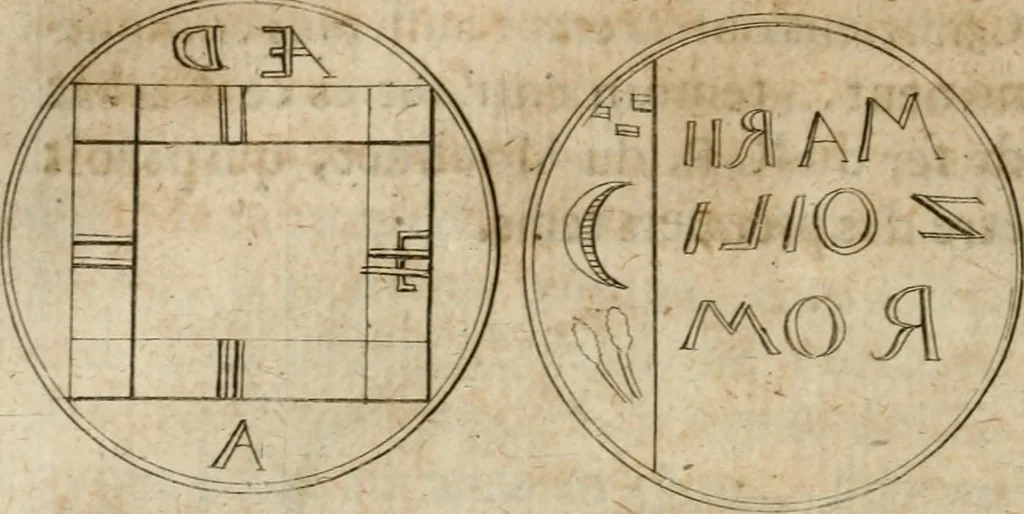 An illustration from L'utilité des voyages : qui concernent la connoissance des médailles, inscriptions, statues, dieux lares, peintures anciennes, et les bas reliefs, pierres precieuses et gravées, cachets, talismans, anneaux, manuscrits, langues, & autres choses remarquables, et l'avantage que la recherche de toutes ces antiquitez procure aux sçavans, avec un memoire de quelques observations generales qu'on peut faire pour ne pas voyager inutilement, 1693, leaf 337