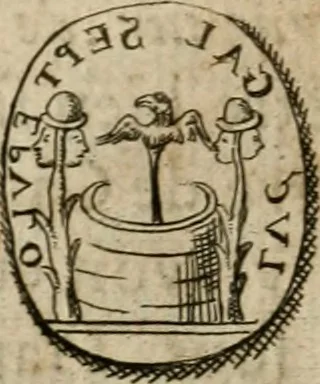 An illustration from L'utilité des voyages : qui concernent la connoissance des médailles, inscriptions, statues, dieux lares, peintures anciennes, et les bas reliefs, pierres precieuses et gravées, cachets, talismans, anneaux, manuscrits, langues, & autres choses remarquables, et l'avantage que la recherche de toutes ces antiquitez procure aux sçavans, avec un memoire de quelques observations generales qu'on peut faire pour ne pas voyager inutilement, 1693, leaf 343