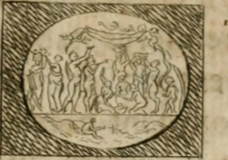 An illustration from L'utilité des voyages : qui concernent la connoissance des médailles, inscriptions, statues, dieux lares, peintures anciennes, et les bas reliefs, pierres precieuses et gravées, cachets, talismans, anneaux, manuscrits, langues, & autres choses remarquables, et l'avantage que la recherche de toutes ces antiquitez procure aux sçavans, avec un memoire de quelques observations generales qu'on peut faire pour ne pas voyager inutilement, 1693, leaf 346