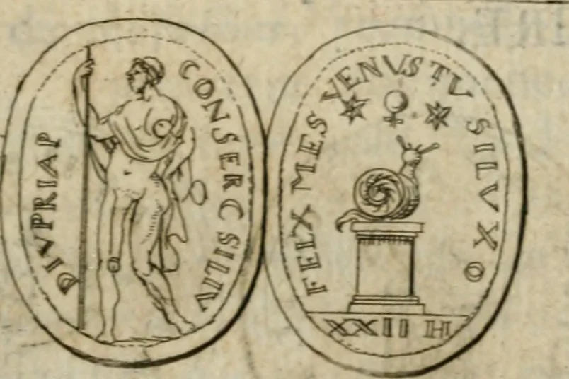 An illustration from L'utilité des voyages : qui concernent la connoissance des médailles, inscriptions, statues, dieux lares, peintures anciennes, et les bas reliefs, pierres precieuses et gravées, cachets, talismans, anneaux, manuscrits, langues, & autres choses remarquables, et l'avantage que la recherche de toutes ces antiquitez procure aux sçavans, avec un memoire de quelques observations generales qu'on peut faire pour ne pas voyager inutilement, 1693, leaf 362
