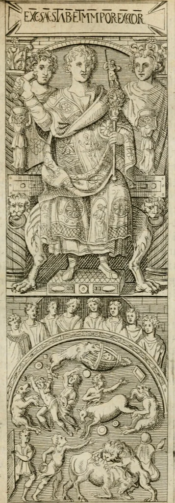 An illustration from L'utilité des voyages : qui concernent la connoissance des médailles, inscriptions, statues, dieux lares, peintures anciennes, et les bas reliefs, pierres precieuses et gravées, cachets, talismans, anneaux, manuscrits, langues, & autres choses remarquables, et l'avantage que la recherche de toutes ces antiquitez procure aux sçavans, avec un memoire de quelques observations generales qu'on peut faire pour ne pas voyager inutilement, 1693, leaf 386