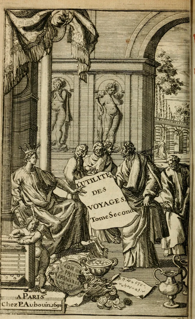 An illustration from L'utilité des voyages : qui concernent la connoissance des médailles, inscriptions, statues, dieux lares, peintures anciennes, et les bas reliefs, pierres precieuses et gravées, cachets, talismans, anneaux, manuscrits, langues, & autres choses remarquables, et l'avantage que la recherche de toutes ces antiquitez procure aux sçavans, avec un memoire de quelques observations generales qu'on peut faire pour ne pas voyager inutilement, 1693, leaf 395