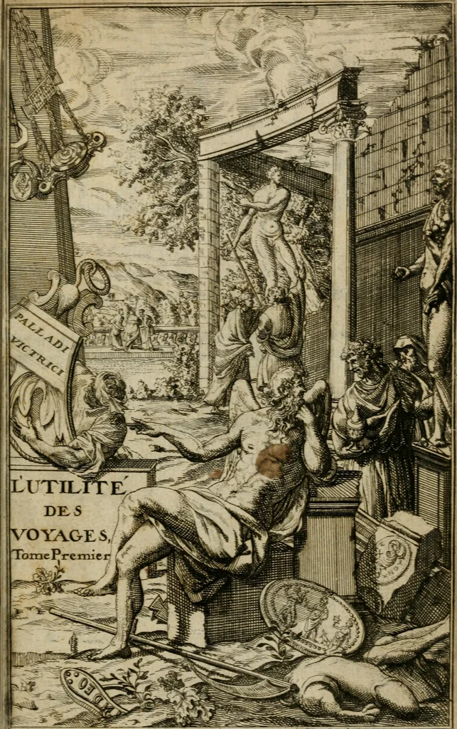 An illustration from L'utilité des voyages : qui concernent la connoissance des médailles, inscriptions, statues, dieux lares, peintures anciennes, et les bas reliefs, pierres precieuses et gravées, cachets, talismans, anneaux, manuscrits, langues, & autres choses remarquables, et l'avantage que la recherche de toutes ces antiquitez procure aux sçavans, avec un memoire de quelques observations generales qu'on peut faire pour ne pas voyager inutilement, 1693, leaf 4