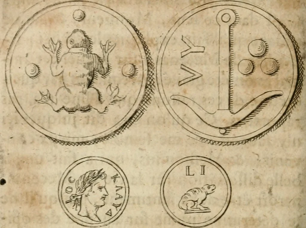 An illustration from L'utilité des voyages : qui concernent la connoissance des médailles, inscriptions, statues, dieux lares, peintures anciennes, et les bas reliefs, pierres precieuses et gravées, cachets, talismans, anneaux, manuscrits, langues, & autres choses remarquables, et l'avantage que la recherche de toutes ces antiquitez procure aux sçavans, avec un memoire de quelques observations generales qu'on peut faire pour ne pas voyager inutilement, 1693, leaf 435