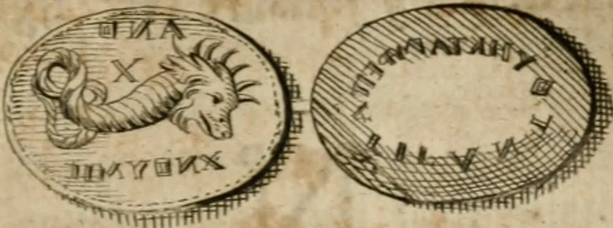 An illustration from L'utilité des voyages : qui concernent la connoissance des médailles, inscriptions, statues, dieux lares, peintures anciennes, et les bas reliefs, pierres precieuses et gravées, cachets, talismans, anneaux, manuscrits, langues, & autres choses remarquables, et l'avantage que la recherche de toutes ces antiquitez procure aux sçavans, avec un memoire de quelques observations generales qu'on peut faire pour ne pas voyager inutilement, 1693, leaf 438