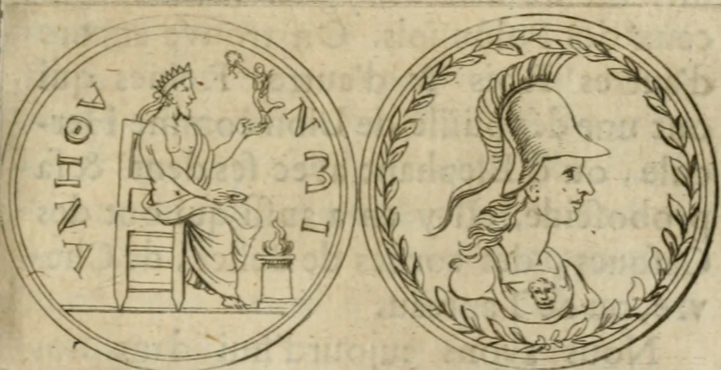An illustration from L'utilité des voyages : qui concernent la connoissance des médailles, inscriptions, statues, dieux lares, peintures anciennes, et les bas reliefs, pierres precieuses et gravées, cachets, talismans, anneaux, manuscrits, langues, & autres choses remarquables, et l'avantage que la recherche de toutes ces antiquitez procure aux sçavans, avec un memoire de quelques observations generales qu'on peut faire pour ne pas voyager inutilement, 1693, leaf 630