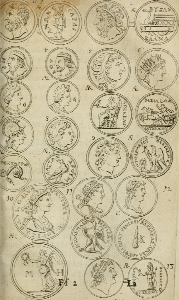 An illustration from L'utilité des voyages : qui concernent la connoissance des médailles, inscriptions, statues, dieux lares, peintures anciennes, et les bas reliefs, pierres precieuses et gravées, cachets, talismans, anneaux, manuscrits, langues, & autres choses remarquables, et l'avantage que la recherche de toutes ces antiquitez procure aux sçavans, avec un memoire de quelques observations generales qu'on peut faire pour ne pas voyager inutilement, 1693, leaf 652