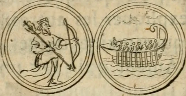 An illustration from L'utilité des voyages : qui concernent la connoissance des médailles, inscriptions, statues, dieux lares, peintures anciennes, et les bas reliefs, pierres precieuses et gravées, cachets, talismans, anneaux, manuscrits, langues, & autres choses remarquables, et l'avantage que la recherche de toutes ces antiquitez procure aux sçavans, avec un memoire de quelques observations generales qu'on peut faire pour ne pas voyager inutilement, 1693, leaf 657