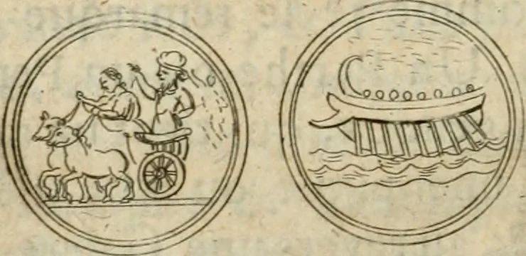 An illustration from L'utilité des voyages : qui concernent la connoissance des médailles, inscriptions, statues, dieux lares, peintures anciennes, et les bas reliefs, pierres precieuses et gravées, cachets, talismans, anneaux, manuscrits, langues, & autres choses remarquables, et l'avantage que la recherche de toutes ces antiquitez procure aux sçavans, avec un memoire de quelques observations generales qu'on peut faire pour ne pas voyager inutilement, 1693, leaf 657