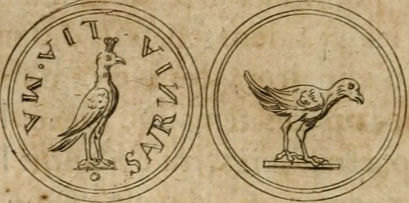 An illustration from L'utilité des voyages : qui concernent la connoissance des médailles, inscriptions, statues, dieux lares, peintures anciennes, et les bas reliefs, pierres precieuses et gravées, cachets, talismans, anneaux, manuscrits, langues, & autres choses remarquables, et l'avantage que la recherche de toutes ces antiquitez procure aux sçavans, avec un memoire de quelques observations generales qu'on peut faire pour ne pas voyager inutilement, 1693, leaf 679