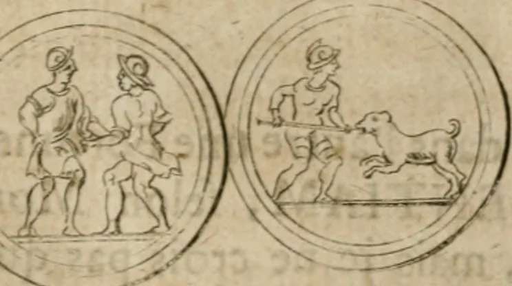 An illustration from L'utilité des voyages : qui concernent la connoissance des médailles, inscriptions, statues, dieux lares, peintures anciennes, et les bas reliefs, pierres precieuses et gravées, cachets, talismans, anneaux, manuscrits, langues, & autres choses remarquables, et l'avantage que la recherche de toutes ces antiquitez procure aux sçavans, avec un memoire de quelques observations generales qu'on peut faire pour ne pas voyager inutilement, 1693, leaf 682