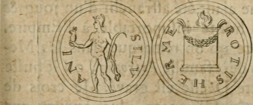 An illustration from L'utilité des voyages : qui concernent la connoissance des médailles, inscriptions, statues, dieux lares, peintures anciennes, et les bas reliefs, pierres precieuses et gravées, cachets, talismans, anneaux, manuscrits, langues, & autres choses remarquables, et l'avantage que la recherche de toutes ces antiquitez procure aux sçavans, avec un memoire de quelques observations generales qu'on peut faire pour ne pas voyager inutilement, 1693, leaf 684