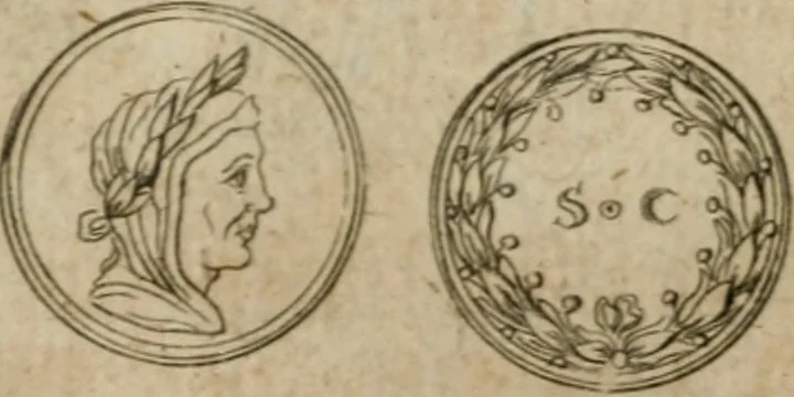 An illustration from L'utilité des voyages : qui concernent la connoissance des médailles, inscriptions, statues, dieux lares, peintures anciennes, et les bas reliefs, pierres precieuses et gravées, cachets, talismans, anneaux, manuscrits, langues, & autres choses remarquables, et l'avantage que la recherche de toutes ces antiquitez procure aux sçavans, avec un memoire de quelques observations generales qu'on peut faire pour ne pas voyager inutilement, 1693, leaf 686