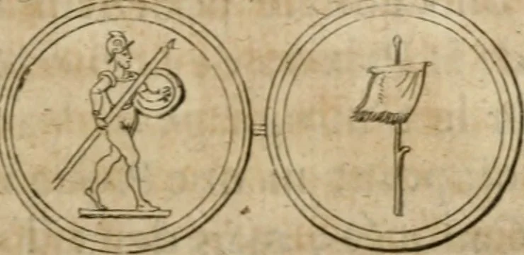 An illustration from L'utilité des voyages : qui concernent la connoissance des médailles, inscriptions, statues, dieux lares, peintures anciennes, et les bas reliefs, pierres precieuses et gravées, cachets, talismans, anneaux, manuscrits, langues, & autres choses remarquables, et l'avantage que la recherche de toutes ces antiquitez procure aux sçavans, avec un memoire de quelques observations generales qu'on peut faire pour ne pas voyager inutilement, 1693, leaf 692