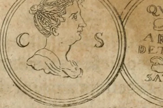 An illustration from L'utilité des voyages : qui concernent la connoissance des médailles, inscriptions, statues, dieux lares, peintures anciennes, et les bas reliefs, pierres precieuses et gravées, cachets, talismans, anneaux, manuscrits, langues, & autres choses remarquables, et l'avantage que la recherche de toutes ces antiquitez procure aux sçavans, avec un memoire de quelques observations generales qu'on peut faire pour ne pas voyager inutilement, 1693, leaf 695