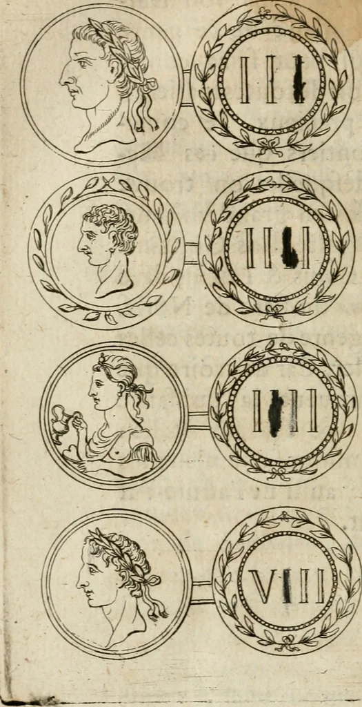 An illustration from L'utilité des voyages : qui concernent la connoissance des médailles, inscriptions, statues, dieux lares, peintures anciennes, et les bas reliefs, pierres precieuses et gravées, cachets, talismans, anneaux, manuscrits, langues, & autres choses remarquables, et l'avantage que la recherche de toutes ces antiquitez procure aux sçavans, avec un memoire de quelques observations generales qu'on peut faire pour ne pas voyager inutilement, 1693, leaf 701