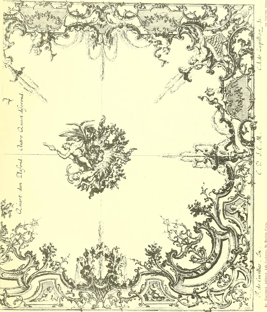 An illustration from L'uvre de De Cuvilliès : époque Louis XV : nouveau livre de plafonds, 1900, leaf 12