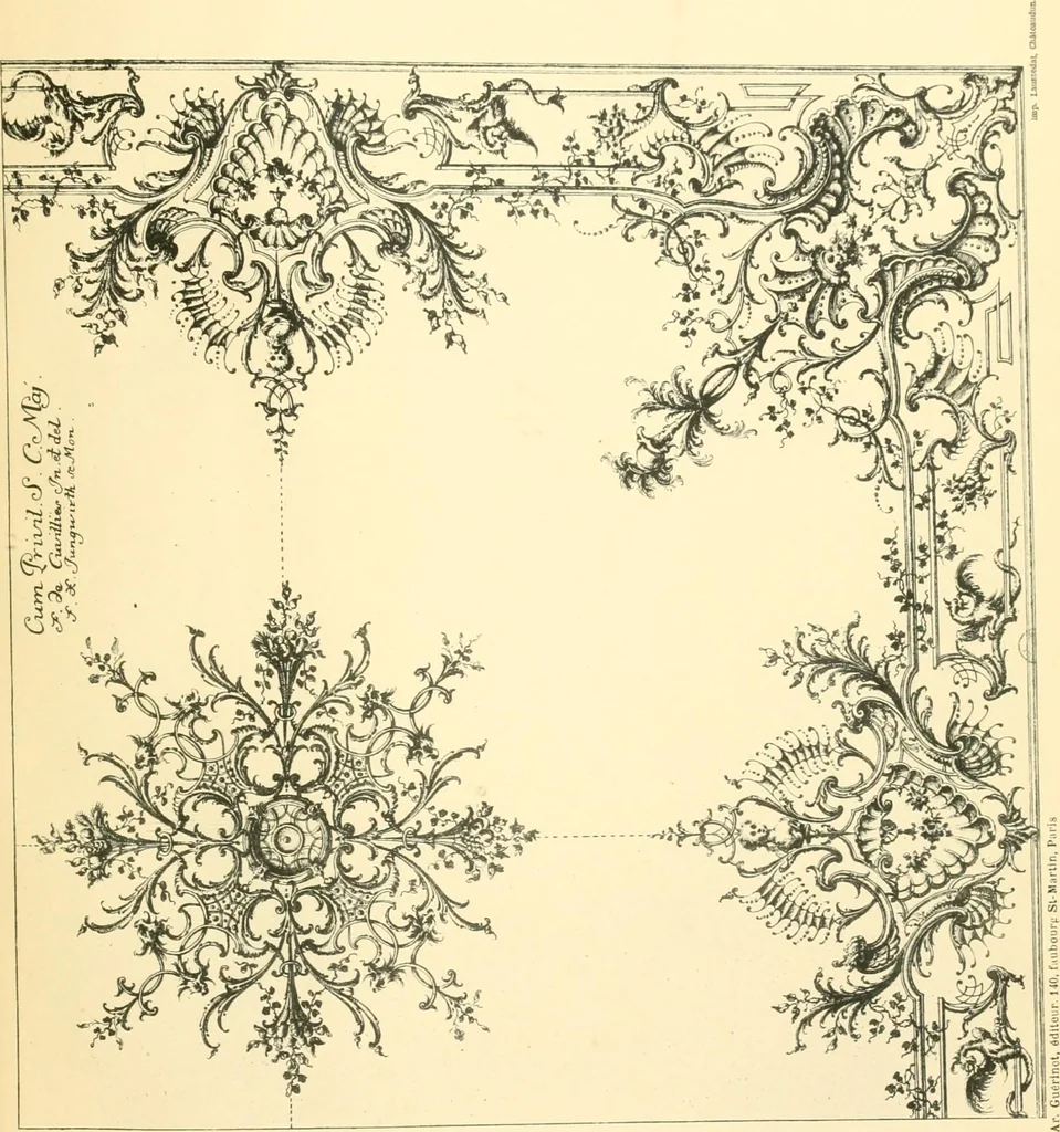 An illustration from L'uvre de De Cuvilliès : époque Louis XV : nouveau livre de plafonds, 1900, leaf 14