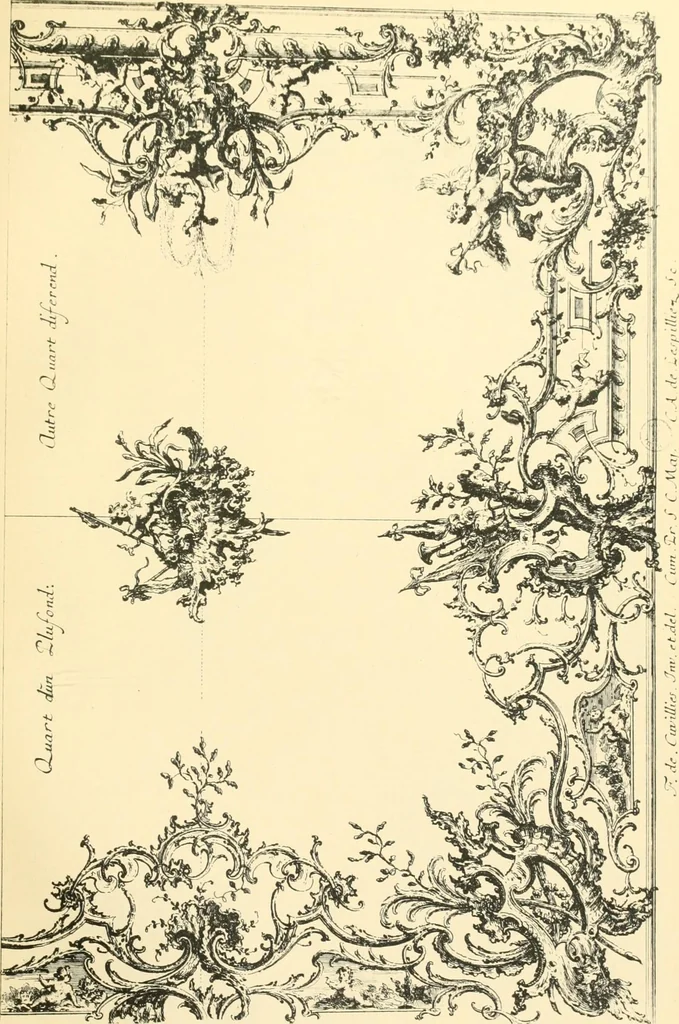 An illustration from L'uvre de De Cuvilliès : époque Louis XV : nouveau livre de plafonds, 1900, leaf 28