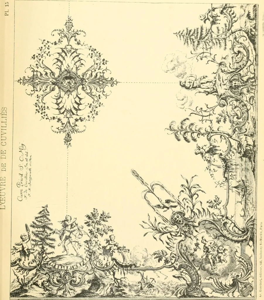 An illustration from L'uvre de De Cuvilliès : époque Louis XV : nouveau livre de plafonds, 1900, leaf 34