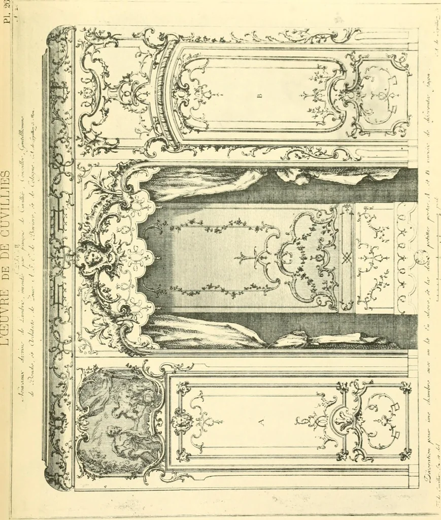 An illustration from L'uvre de De Cuvilliès : époque Louis XV : nouveau livre de plafonds, 1900, leaf 56