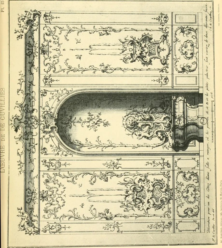 An illustration from L'uvre de De Cuvilliès : époque Louis XV : nouveau livre de plafonds, 1900, leaf 94
