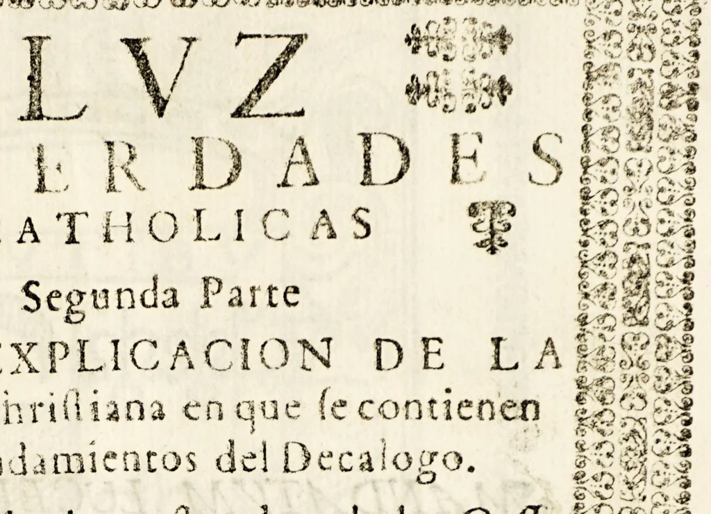 An illustration from Luz de verdades catholicas y explicacion de la doctrina christiana. : Que segun la costumbre de la casa professa de la compañia de Jesvs de Mexico, todos los jueves del año se platica en su iglesia. Dala à la estampa el padre Alfonso Ramos de la mesma compañia, y preposito actual de dicha casa professa. Y la dedica al S. doctor don Francisco de Deza, y Ulloa, antes cathedratico proprietario de rethorica en la Real Universidad de esta corte, y oy fiscal dignissimo del Santo Tribunal de la Inquisicion, 1691, leaf 7