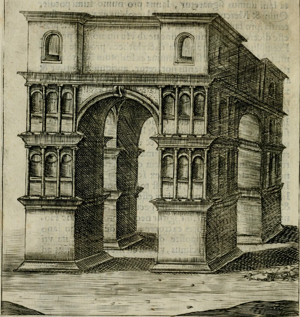 An illustration from Lvdovici Demontiosii Gallvs Romae hospes : vbi multa antiquorum monimenta explicantur, pars pristinae formae restituuntur : opus in quinque partes tributum, 1585, leaf 29