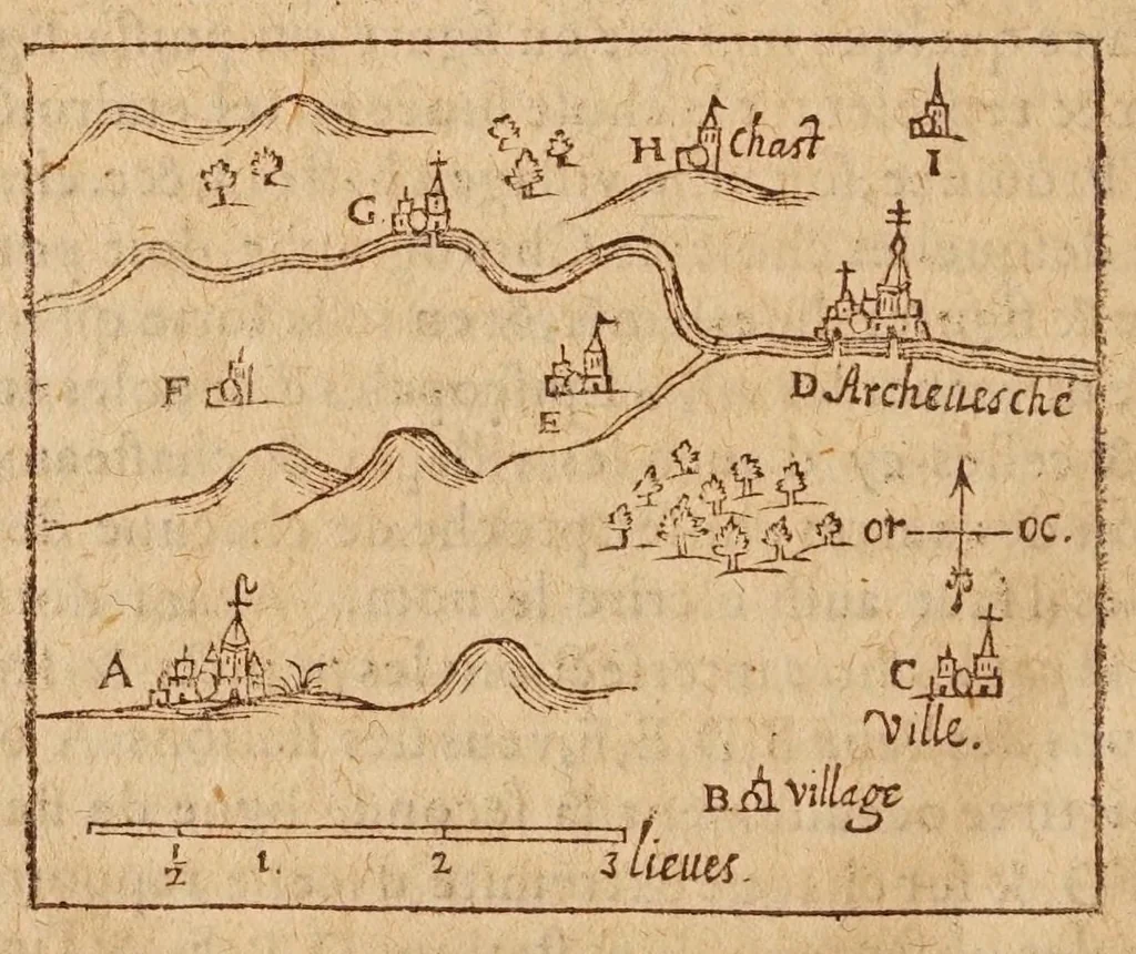 An illustration from L'vsage dv mecometre : qvi est vn instrvment geometrique, auec lequel on peut tres-facilement mesurer toutes sortes de longueurs & distances visibles : prendre & rapporter au petit pied le plan des villes, chasteaux & autres places : trasser tant sur le papier que sur la terre telles figures & fortifications qu'on voudra : faire toutes sortes de cartes tant geographiques que chorographiques : & pratiques toutes les autres operations d'arithmetique & de geometrie, qui se pratiquent auec le compas de proportion, la regle proportionelle, le graphometre & la boussole, 1630, leaf 158