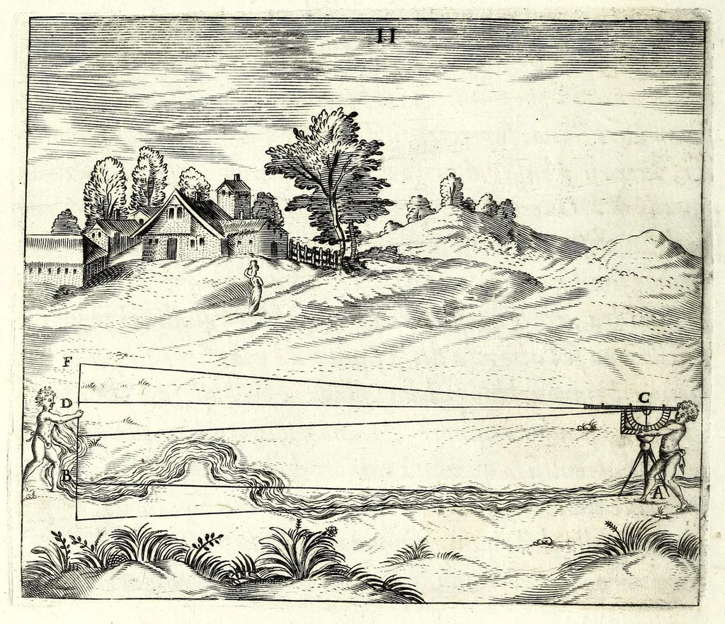 An illustration from L'vso del la sqvadra mobile. Con la qvale per teorica et per pratica si misura geometricamente ogni distanza, altezza, e profondità, s'impara a perticare, liuellare, et piglare in disegno le città, paesi, et prouincie. Il tutto con le sue dimostrationi intagliate in rame, 1598, leaf 44