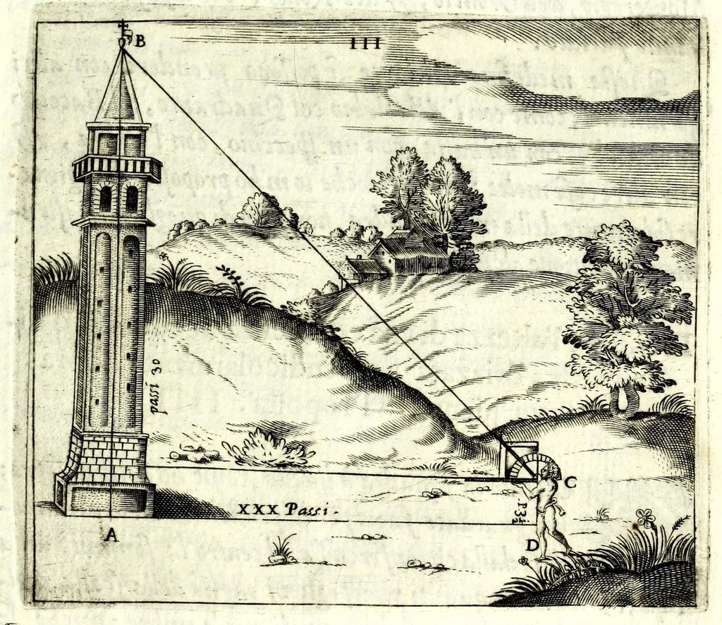 An illustration from L'vso del la sqvadra mobile. Con la qvale per teorica et per pratica si misura geometricamente ogni distanza, altezza, e profondità, s'impara a perticare, liuellare, et piglare in disegno le città, paesi, et prouincie. Il tutto con le sue dimostrationi intagliate in rame, 1598, leaf 49