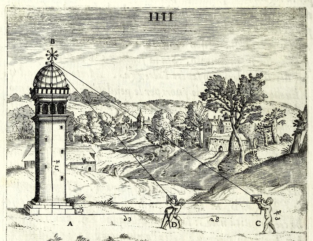 An illustration from L'vso del la sqvadra mobile. Con la qvale per teorica et per pratica si misura geometricamente ogni distanza, altezza, e profondità, s'impara a perticare, liuellare, et piglare in disegno le città, paesi, et prouincie. Il tutto con le sue dimostrationi intagliate in rame, 1598, leaf 52
