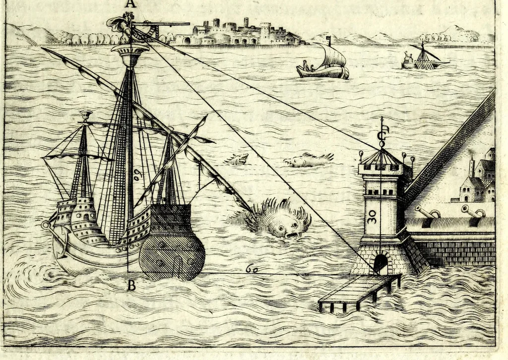 An illustration from L'vso del la sqvadra mobile. Con la qvale per teorica et per pratica si misura geometricamente ogni distanza, altezza, e profondità, s'impara a perticare, liuellare, et piglare in disegno le città, paesi, et prouincie. Il tutto con le sue dimostrationi intagliate in rame, 1598, leaf 63