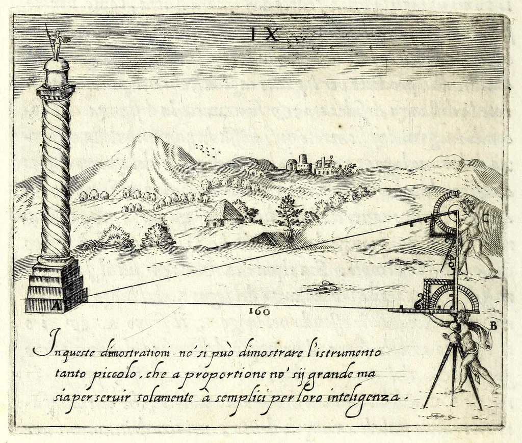 An illustration from L'vso del la sqvadra mobile. Con la qvale per teorica et per pratica si misura geometricamente ogni distanza, altezza, e profondità, s'impara a perticare, liuellare, et piglare in disegno le città, paesi, et prouincie. Il tutto con le sue dimostrationi intagliate in rame, 1598, leaf 66