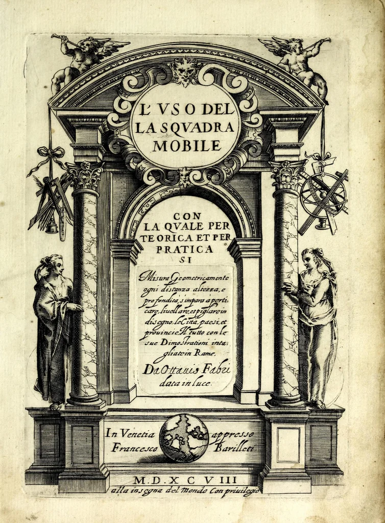 An illustration from L'vso del la sqvadra mobile. Con la qvale per teorica et per pratica si misura geometricamente ogni distanza, altezza, e profondità, s'impara a perticare, liuellare, et piglare in disegno le città, paesi, et prouincie. Il tutto con le sue dimostrationi intagliate in rame, 1598, leaf 7