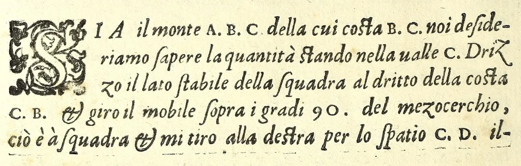 An illustration from L'vso del la sqvadra mobile. Con la qvale per teorica et per pratica si misura geometricamente ogni distanza, altezza, e profondità, s'impara a perticare, liuellare, et piglare in disegno le città, paesi, et prouincie. Il tutto con le sue dimostrationi intagliate in rame, 1598, leaf 72