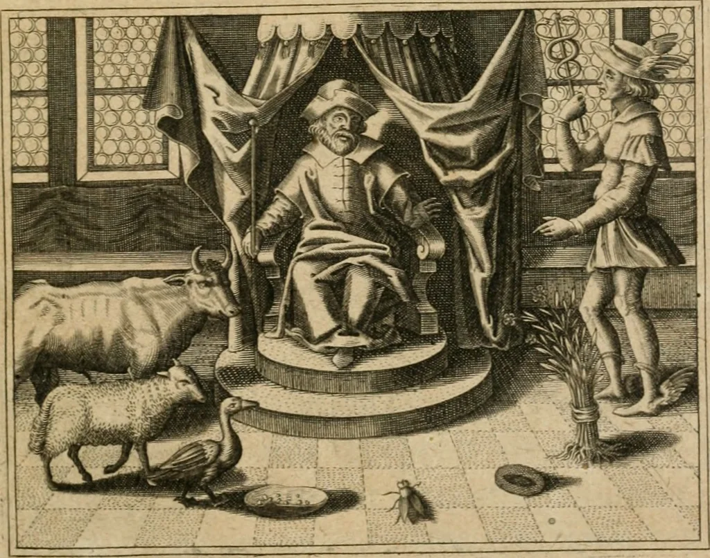 An illustration from Lvsvs serivs : quo Hermes sive Mercurius rex mundanorum omnium sub homine existentium, post longam disceptationem in concilio octovirali habitam, homine rationali arbitro, judicatus & constitutus est, 1616, leaf 6