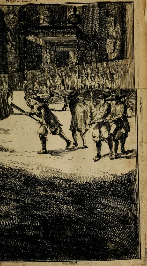 An illustration from Lyk-predicatie op de begravenisse van Hare Hoogheit, mevrouwe de Princesse Douariere d'Orange, geschiet by avont, met solemnele stacy, den 21. van winter-maand, 1675 : na haar salig overlyden op den 8. van herfst-maant, in 't 74. jaar des ouderdoms : gedaan daags daar aan, op de groote zaal van haar hof in 's Gravenhage, op ordre en in 't bywesen Harer Hoogheden de doorlugtige nakomelingen en erven, 1676, leaf 62